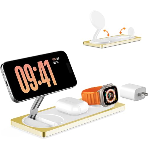 3 in 1 Wireless Charging Station for Apple Devices with MagSafe | For iPhone 17/Air/16/15/14/13/12, AirPods & Apple Watch, Foldable Portable Aluminum Charging Stand, Adapter Included - color: Yellow