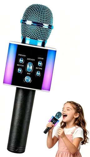 Wireless Bluetooth Karaoke Microphone for Kids & Adults, Singing Mic with Disco Lights, Voice Changer, Built-in Speaker, Portable Karaoke Player for Party & Travel Gifts(Blue) - color: blue