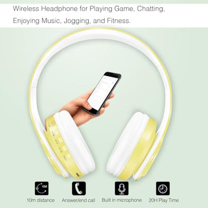 RAT TAIL V5.3 Bluetooth Headphones Over-Ear, Foldable Wireless and Wired Stereo Headset Micro SD/TF, FM for Cell Phone,PC,Soft Earmuffs &Light Weight for Prolonged Wearing (Yellow) - color: Yellow