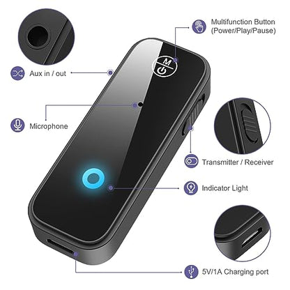 Bluetooth AUX Adapter for Car, Bluetooth 5.3 Receiver & Transmitter for Old Car/Home Stereo/TV, Wireless Audio Adapter with Hands-Free Calling, USB-C Rechargeable, 3.5mm AUX