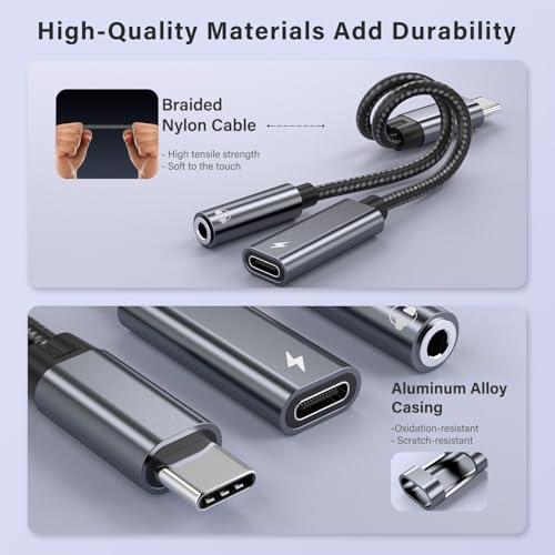 USB C to 3.5mm Headphone and Charger Adapter, 2 in 1 USB C to Aux Audio Adapter & 60W Fast Charging Dongle Compatible with iPhone 17Pro Max/16/15, Galaxy S25/S24/S23/S23FE, Pixel 9/8, iPad Pro - color: Grey