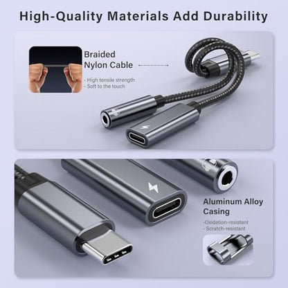 USB C to 3.5mm Headphone and Charger Adapter, 2 in 1 USB C to Aux Audio Adapter & 60W Fast Charging Dongle Compatible with iPhone 17Pro Max/16/15, Galaxy S25/S24/S23/S23FE, Pixel 9/8, iPad Pro - color: Grey