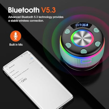 Bluetooth Shower Speaker, IP7 Waterproof Portable Bluetooth 5.3 Speakers with Suction Cup, Mini Wireless Speaker with RGB Lights Time Display, Loud Stereo Sound for Bathroom Beach Outdoor Party, Mint - color: Mint