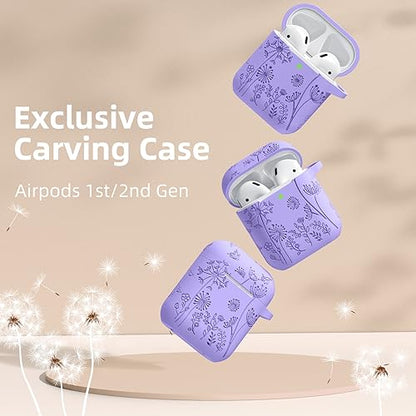 Lerobo for AirPod Case 2nd/1st Generation with Keychain | Flower Engraved Silicone Protective Cover for AirPods 2 Case, Wireless Charging, Shockproof, One-piece Design, Bluish Violet - color: Bluish Violet