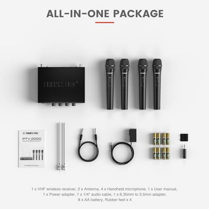 Phenyx Pro 4-Channel VHF Handheld Wireless Microphone System PTV-2000-4H | 4 Dynamic Handheld Mics, Metal Receiver, Long Range, Karaoke, Church Services, Singing