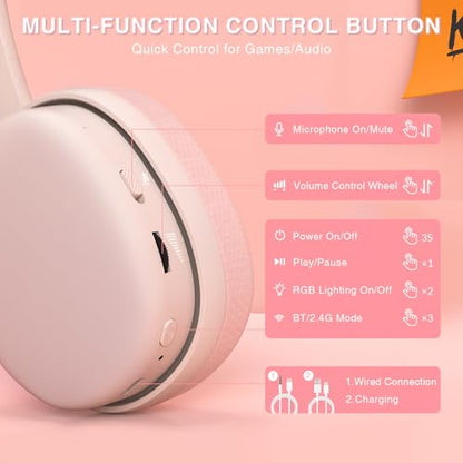 AULA G7 Pro Wireless Gaming Headset with 7.1 Surround Sound, 40mm Driver,BT5.3 Gaming Headphones with Mic, RGB, 10ms Latency, 65H Battery,Pink Gaming Headset for PS5,PS4, Switch,PC,Wired Mode for Xbox
