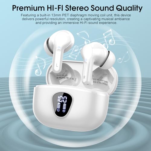 Wireless Earbuds, Bluetooth 5.4 Headphones HiFi Stereo, Bluetooth Earbuds | With ENC Noise Cancelling Mic, IP7 Waterproof in Ear Earphones, 48H, LED Display Ear buds for Pad Phones Workout Sports,White - color: White