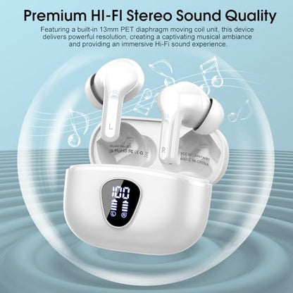 Wireless Earbuds, Bluetooth 5.4 Headphones HiFi Stereo, Bluetooth Earbuds | With ENC Noise Cancelling Mic, IP7 Waterproof in Ear Earphones, 48H, LED Display Ear buds for Pad Phones Workout Sports,White - color: White