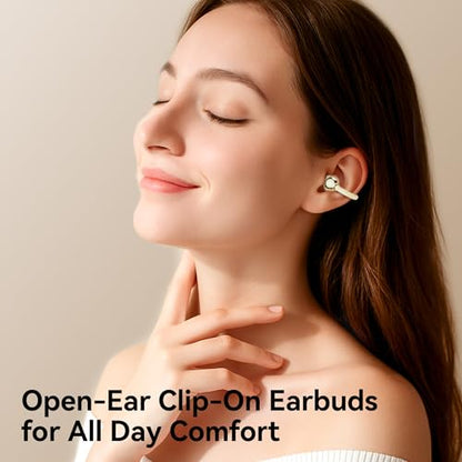 Open Ear Clip on Earbuds Bluetooth Headphones Wireless Ear Buds | Bluetooth 5.4 LED Digital Display IPX5 Waterproof HiFi Stereo 36H Playtime Comfortable Lightweight - color: Gold