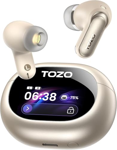 TOZO NC20 Pro Active Noise Cancelling Wireless Earbuds, Smart LCD Screen | LDAC Hi-Res Audio, Stereo Bass, 6 Mics AI Call Ear Buds, 80H Playtime, IPX8 Waterproof, 32 EQ via App, Wireless Charging - color: Titanium Gold