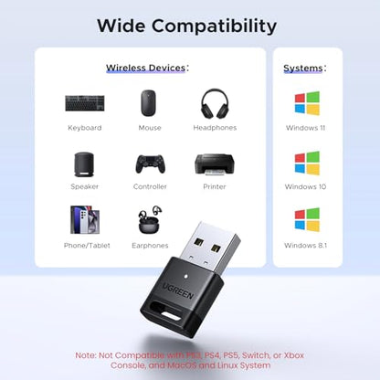UGREEN PC 블루투스 5.4 동글 수신기 EDR 및 BLE용 USB 블루투스 어댑터, 플러그 앤 플레이 윈도우 11/10/8.1 지원, 데스크톱, 노트북, 헤드폰, 키보드, 마우스, 스피커, 프린터용 - size: Small