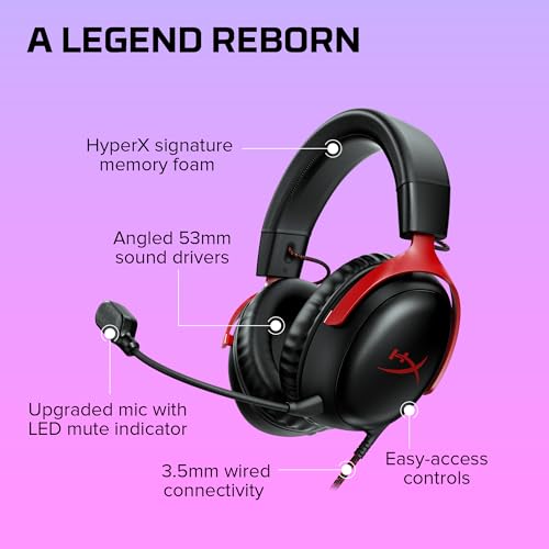 HyperX Cloud III – Wired Gaming Headset,PC,PS5,Xbox Series X|S,Angled 53mm Drivers,DTS Spatial Audio,Memory Foam,Durable Frame,Ultra-Clear 10mm Mic,USB-C,USB-A,3.5mm – Black/Red,(Pack of 10) - color: Black/Red, size: Regular (Pack of 10), style: Wired