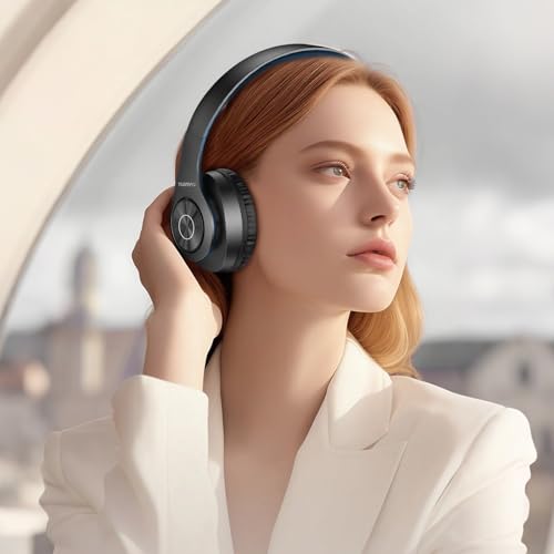 TUINYO Bluetooth Headphones Wireless, Over Ear Stereo Wireless Headset 40H Playtime with deep bass, Soft Memory-Protein Earmuffs, Built-in Mic Wired Mode PC/Cell Phones/TV-Black/Blue … - color: Black/Blue