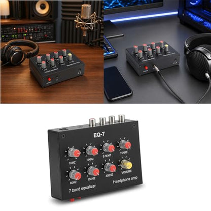 EQ-7 Mini 7 Band Equalizer and Headphone Amp, RCA 3.5mm Input | TL074 and NE5532 chips, level knobs, 16 to 600 ohm drive, for home audio, speaker, and gaming setups.