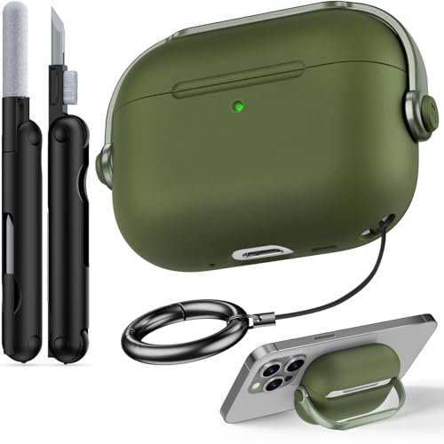 Case for Apple Airpods Pro 3 (Army Green) | with Safety Lock, Phone Holder Function, TPU Material, with Portable Hook, Multifunctional Cleaning Tool - color: B-Army Green, size: Airpods Pro 3 (2025)