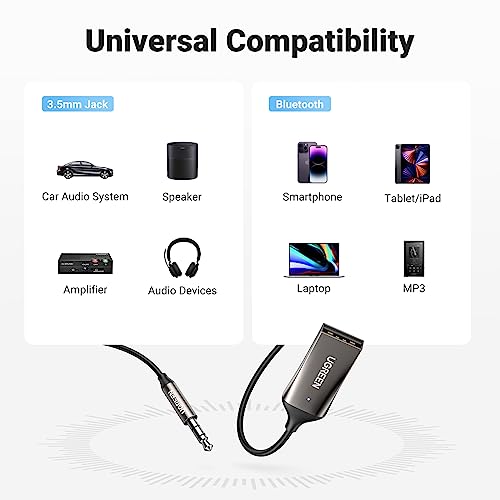 UGREEN Aux to Bluetooth 6.0 Adapter 3.5mm Bluetooth Receiver for Car USB 2.0 to 3.5mm Jack Kit with Built-in Microphone Aux Input for Hands-Free Calls Compatible with Car Speaker and Home Audio - color: Dark Grey