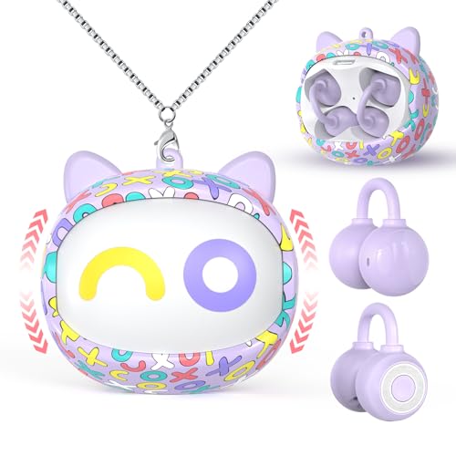 QearFun Kids Cat Open Ear Earbuds with Rotatable Case, 85dB Safe Volume | Kid Clip On Earbuds with Mic, Wireless Bluetooth Headphones, 30+H Playtime, Waterpoof, Anti-Lost Lanyard, Travel School Gift - color: Purple Earbuds