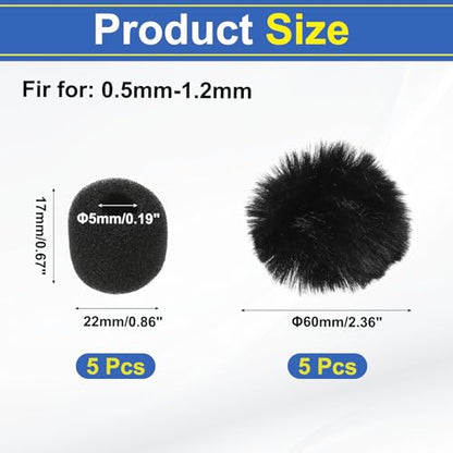 MECCANIXITY Microphone Cover Mini Furry Windscreen Foam Mic Sponge 5mm with Black Cap for 0.5 to 1.2mm Microphone 1 Set - color: Black, size: 5mm