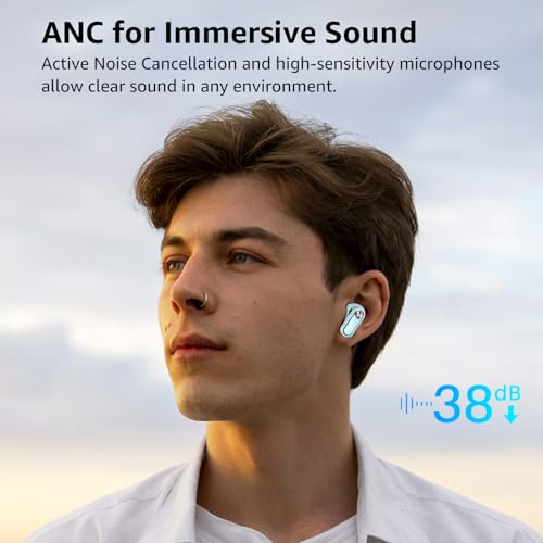 TOZO HT3 Hybrid Noise Cancelling Headphones, 90H Playtime, Spatial Audio AI Chat with 5 Mics, Crystal Pods Hybrid Active Noise Cancelling Wireless Earbuds, 10mm Drivers Deep Bass Stereo Sound