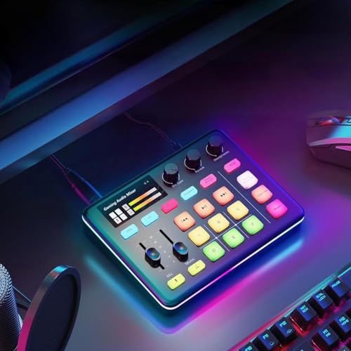 PUSOKEI Gaming Audio Mixer, Bluetooth 5.0 Live Sound Card with RGB Light, XLR Interface, Audio Interface with Pro preamp, Volume Fader, 48V Phan tom Power, for Live Streaming