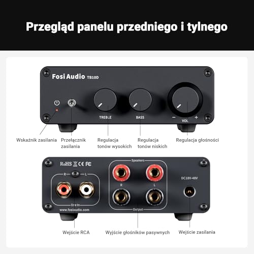 Fosi Audio TB10D 2 Channel Stereo Amplifier, Class D Mini Power Integrated Amplifiers 600W for Passive Speakers/Bass Shaker, Home Audio Component Desktop Amp Receiver TPA3255 with Bass Treble Control