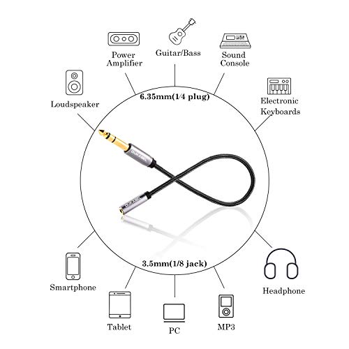 TopSeries Long 1/4'' Male to 1/8'' Female Adapter Cable (16ft/5M) 6.35mm to 3.5mm Phone Audio Connector Quarter Inch Adapter for Mixer Guitar Piano Amplifier Speaker and More | 24K Gold-Plated, Headphone to Speaker, Guitar, Digital Piano Keyboard Amplifie