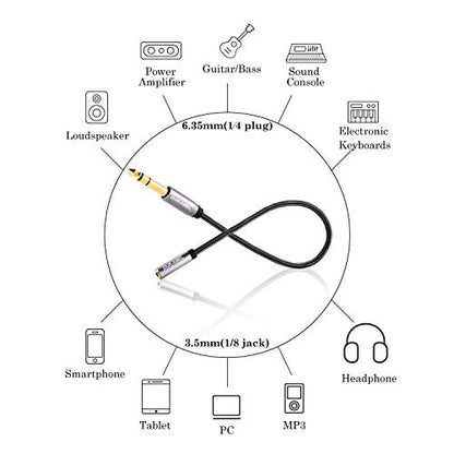 TopSeries Long 1/4'' Male to 1/8'' Female Adapter Cable (16ft/5M) 6.35mm to 3.5mm Phone Audio Connector Quarter Inch Adapter for Mixer Guitar Piano Amplifier Speaker and More | 24K Gold-Plated, Headphone to Speaker, Guitar, Digital Piano Keyboard Amplifie