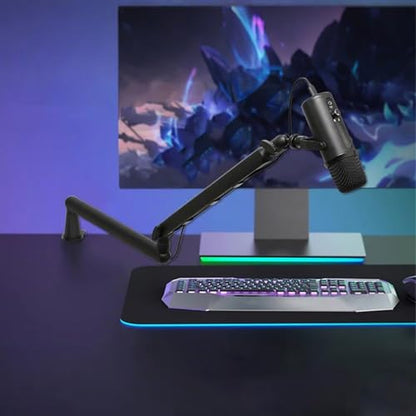HUIOP Microphone Boom Arm Low Profile Adjustable Stick Microphone Arm Stand with Desk Mount Clamp Screw Adapter Cable Management Metal Mic Boom Arm for Podcast Streaming Gaming Studio