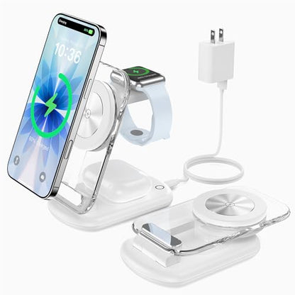 3 in 1 Magnetic Wireless Charging Station for Apple Devices | Fast Travel Charger Stand with Night Light for MagSafe-enabled iPhone 17 16 15 14 13 12 Series, Apple Watch/AirPods Pro, WH - color: White
