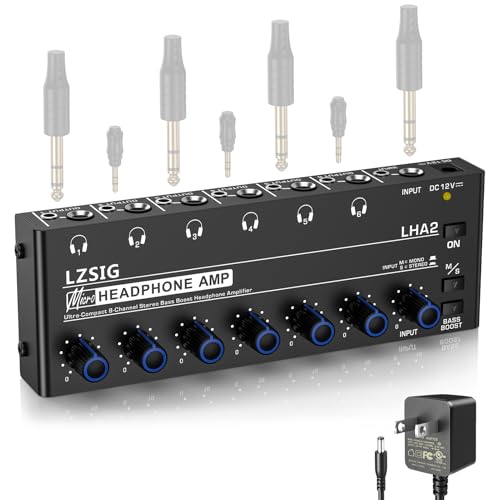 LZSIG Headphone Amplifier with Bass Boost, 6 Channel, 1 IN 6 OUT, DC 12V | Metal Stereo Audio Amplifier, Mini Earphone Splitter with Power Adapter, 1/4" & 1/8" TRS Headphones Output & TRS Audio Input - size: Medium(6-channel)