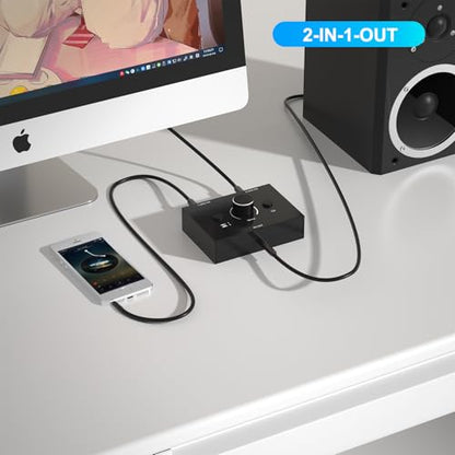 Dingsun 3.5mm Audio Switch, Stereo Audio Selector Box Passive Speaker Headphone Manual Selector with Volume Control (1 in-2 Out/ 2 in-1 Out) - style: 3.5mm audio switch