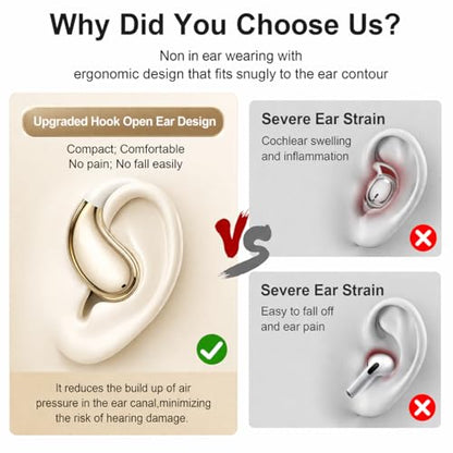 Open Ear Headphones Wireless Bluetooth 5.4, Air Conduction Wireless Earbuds with Ear Hooks and Mic, 50H LED Charging Case, IPX7 Water Resistant Sport Headphones for Running Gym Work - color: Khaki White