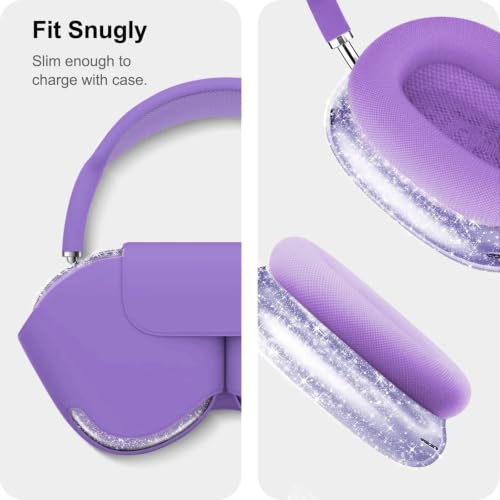 MOLOPPO 3 in 1 Case Cover Compatible with AirPods Max 2/1, Purple Glitter | Anti-scratch Clear Soft TPU Ear Cups /Silicone Ear Pad Case /Headband Cover for AirPods Max, Transparent Accessories for Max - color: B2-Purple Glitter