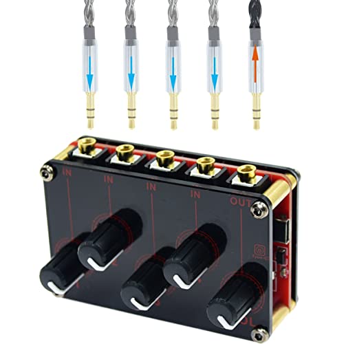 Multiple Input Mix 4 Way 1/8" inch 4 in 1 Out Stereo Passive Mixer Headphone Sound Audio Speaker Splitter selector switcher 3.5mm audio Switch Box aux Loop Volume knob Control 3.5 mm Mixing Sharing