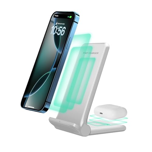 2 in 1 Wireless Charger,Foldable 20W Fast Wireless Charging Stand Compatible with iPhone 16/16 Pro/15/14/13/12/X/AirPods,Dual Phone Induction Charge Station for Samsung,Pixel,Xperia,LG(No Plug) - color: White