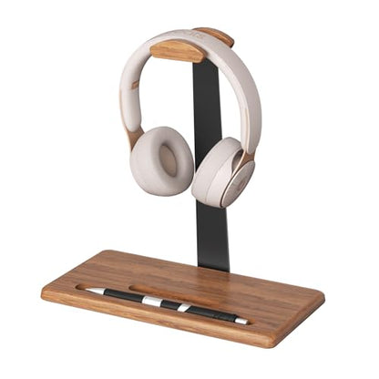 Walnut Headset Stand for Desk with Phone Holder | Headphone Stand Headphone Holder (Natural Wood)