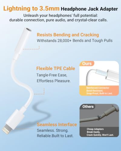 Lightning to 3.5mm Headphone Jack Adapter [Apple MFi Certified] Hi-Fi Stereo Sound, Full Function Control, Compatible with iPhone 14/13/12/11/X/8 & More – for Music, Calls & Car AUX White 1Pack - color: White