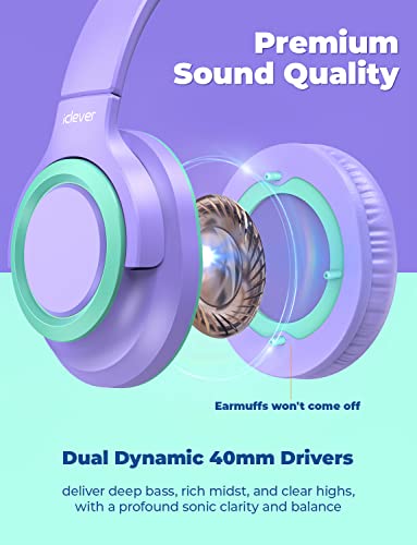 iClever HS22 2-Pack Kids Headphones with Sharing Splitter for School Travel | SafeSound Tech3.0, Share Audio, Tangle-Free, 3.5mm Jack, Foldable, Stereo Sound, Wired Headphones for Kids, Purple & Green - color: Purple & Green