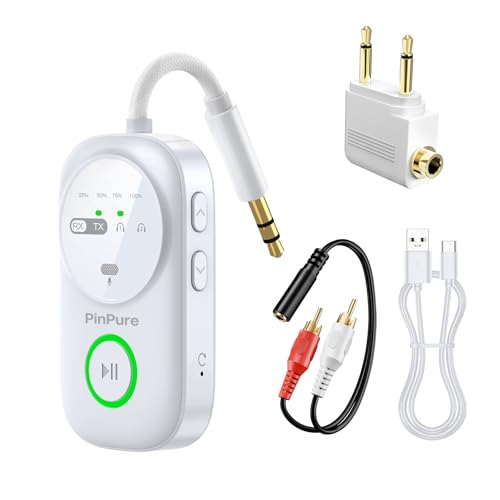 Bluetooth 5.4 Transmitter Receiver for 2 AirPods/Headphones, 2-in-1 Wireless Adapter with Microphone, Audio Adapter with 3.5mm Audio Jack, Suitable for Airplane, Car, TV, PC, Home Stereo - color: White