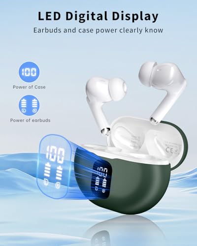 Wireless Earbuds, Bluetooth 5.4 Ear Buds Bass Stereo, Headphones with Noise Cancelling Mic, LED Display in Ear Earphones Clear Calls, IP7 Waterproof Bluetooth Earbuds for Phone/Android/iPad, Green - color: Green