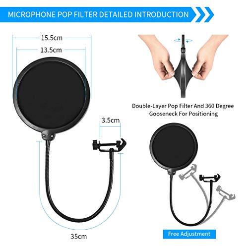 Microphone Floor Stand for Blue Yeti, Nano, Snowball, HyperX,Razer,Logitech USB and Condenser Mic,Adjustable Boom Arm Stand with 1/4'' Thread and 3/8" 5/8" Adapter, Pop Filter, Mic Clip, Cable Ties