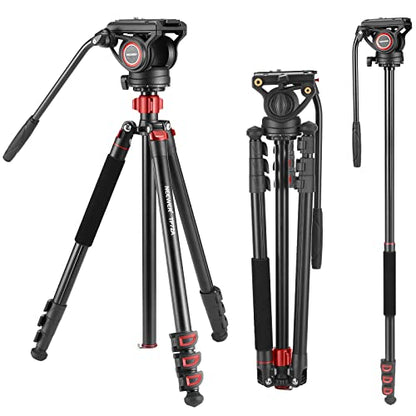 NEEWER 72" Fluid Head Video Tripod Monopod, Aluminum Alloy QR Plate Compatible with DJI RS Gimbal, 360° Pan & +90°/-70° Tilt for DSLR Camera Camcorder, Max Load 13.2lb/6kg, TP72A - style: TP72A
