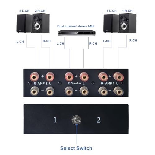 Dingsun 2-Way Audio Switcher Can Support Two Amplifiers, One Audio or One Amplifier, Speaker Switcher Selector Switch Splitter Loudspeaker Control Combiner Box 2(1)-in-1(2)-Out