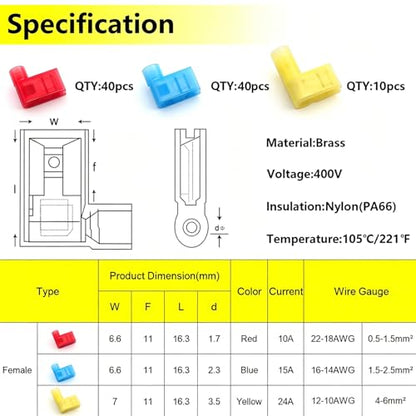 smseace 91pcs Right Angle Spade Connectors with Flag Terminal Crimper 22-18/16-14/12-10AWG Quick Disconnect Flag Connector + Electrical Crimping Tool for Right Angle Spade Connector - size: 91Pcs