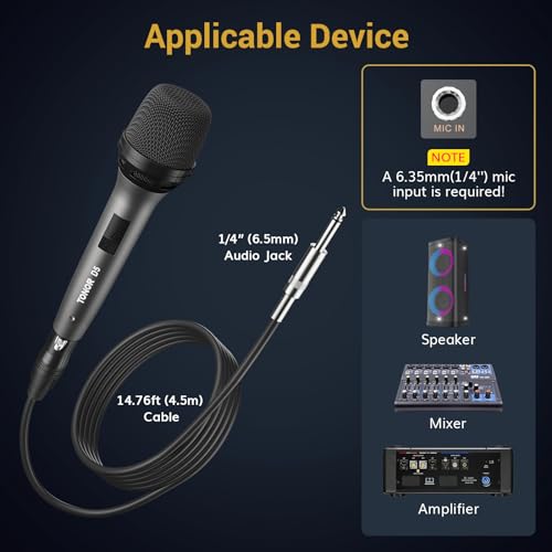 TONOR Professional Vocal Microphone for Singing, Dynamic Wired Karaoke Mic | Handheld Cardioid Microfono with 450 cm/157inch XLR to 1/4" Cable, for Speakers, Studio Mixer, Amp, for Speech, Party, D5