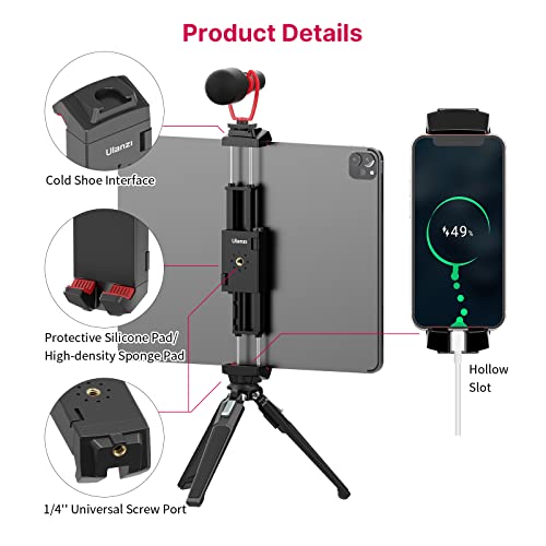 ULANZI ST-29 Phone Tripod Mount, 2-in-1 Tablet Smartphone Holder Adapter | Cold Shoe Mount, Dual 1/4" Screw Holes for tripod, 2.6"-8.8" Extend Clip Clamp Compatible with iPad, iPhone, Android