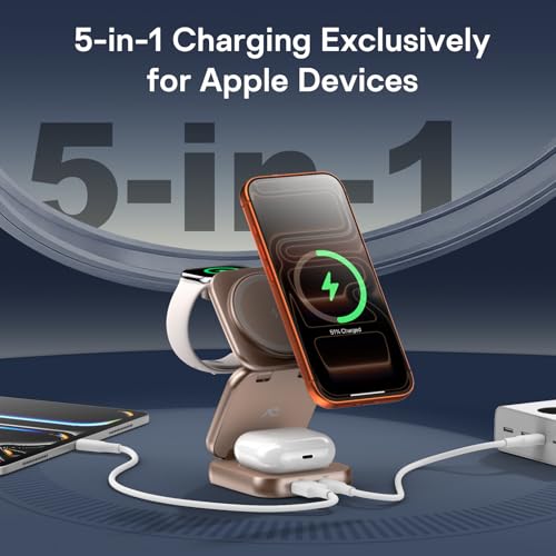 5-in-1 Wireless Charger for MagSafe, AC ISLAND Portable Travel Charging Station, 35W Max Qi2 Fast Foldable Magnetic Stand, Evolved for iPhone 17-12 Series, Apple Watch, AirPods (with 35W Adapter) - color: Gold