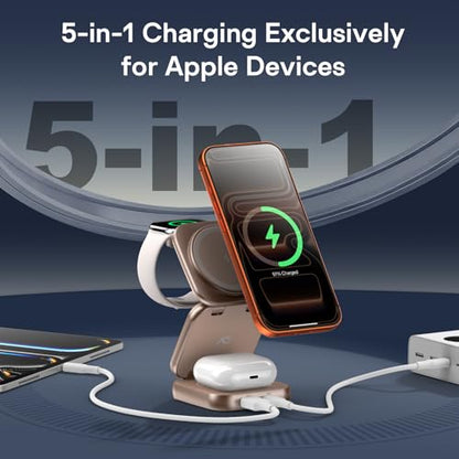 5-in-1 Wireless Charger for MagSafe, AC ISLAND Portable Travel Charging Station, 35W Max Qi2 Fast Foldable Magnetic Stand, Evolved for iPhone 17-12 Series, Apple Watch, AirPods (with 35W Adapter) - color: Gold