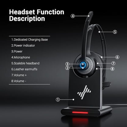 JIAMQISHI Bluetooth Headset - Wireless Headset with Noise Cancelling Microphone, V5.2 Computer Headphones with USB Dongle, Charging Base & Mic Mute for Work/Call Center/PC/Laptop/Online Class/Zoom - color: Black