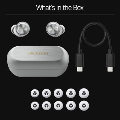 Technics Reference Class Hi-Fi Wireless Ear Buds, Dolby Atmos with Head Tracking, Adaptive Noise Cancelling, 3 Device Multipoint, 10-Hr Battery, Wireless Charging, Improved Fit, EAH-AZ100-S(Silver) | Head Tracking, Adaptive Noise-canceling, 3 Device Multi